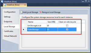 Definindo Windows Azure Local Storage Visual Studio