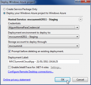 Finalizando configuração deploy Windows Azure VS2010