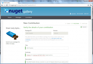 NuGet Gallery editando detalhes do pacote enviado